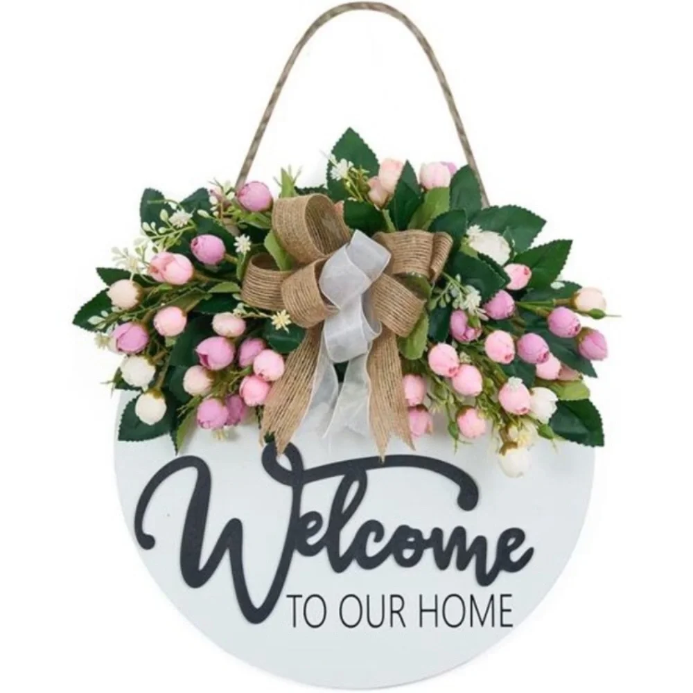 3D Spring Summer Welcome Wreaths for Front Door, Pink Flower Wreath -12